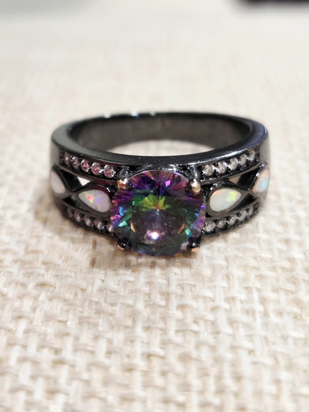 Mystic Rainbow Center Stone Opal Accent Black Ring - Women Jewelry~ Size 7/9/10
